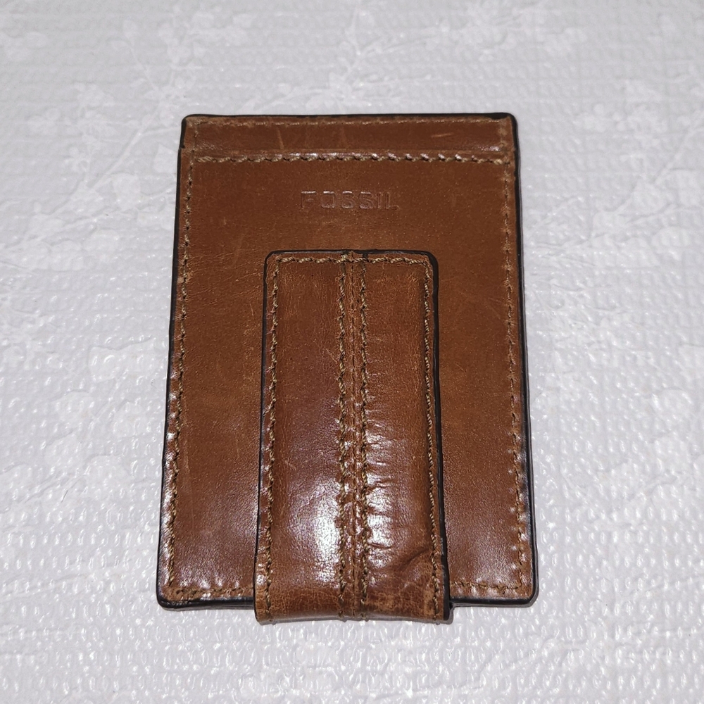 FOSSIL Brown Leather Money Clip Card Wallet - Picture 4 of 9
